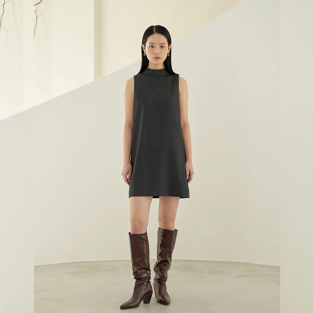 back point high neck mini dress_Deep Gray