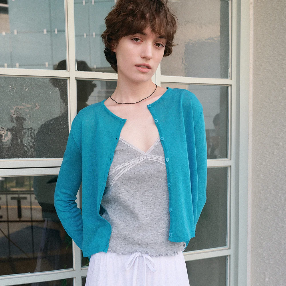 Light sheer color knit cardigan_Cyan