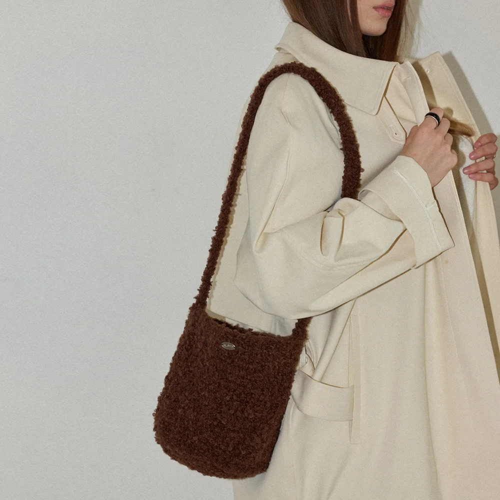 Fluffy Handmade Crochet Knit Bucket Bag _ Brown