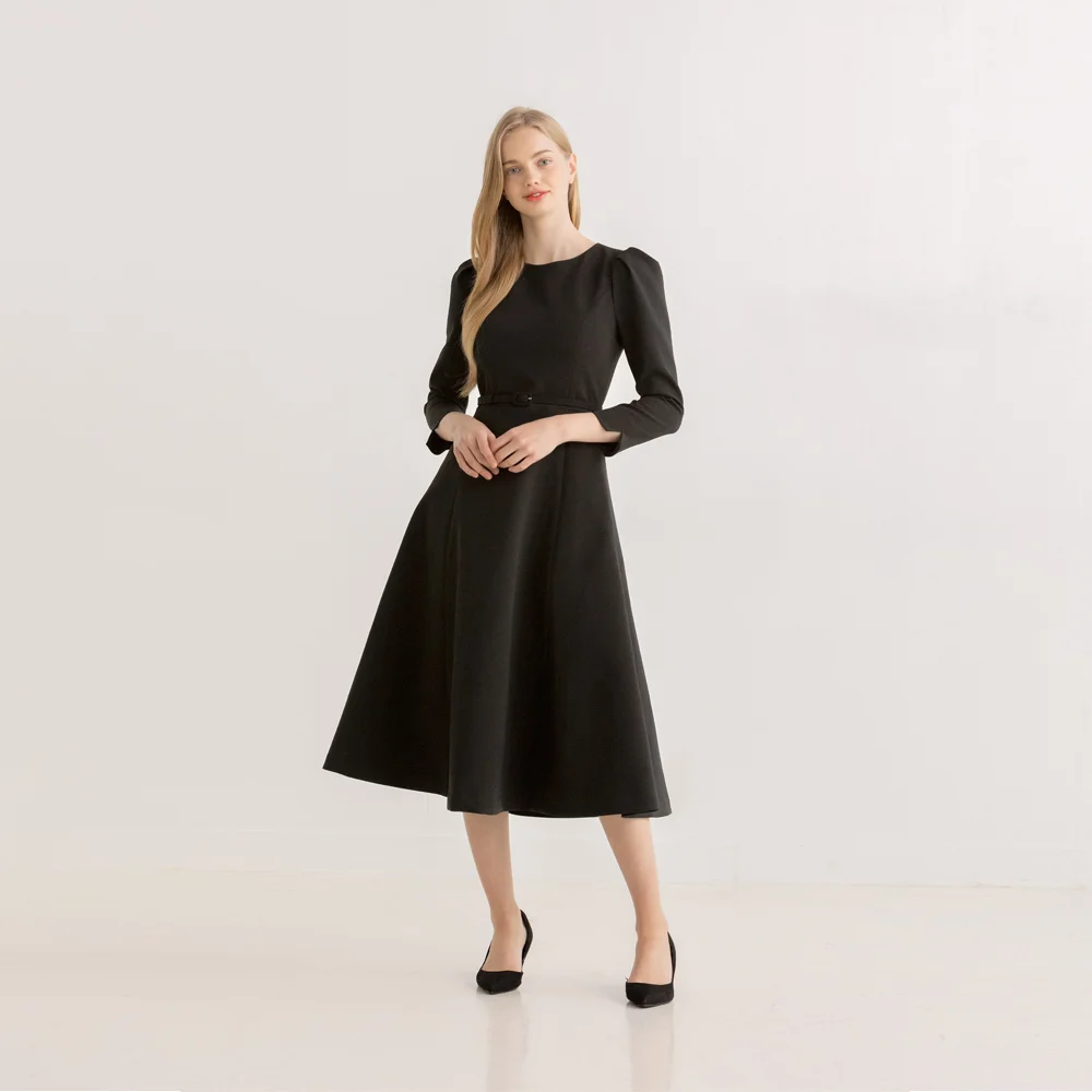Round-neck Flare Dress(LL) / Black(3color)