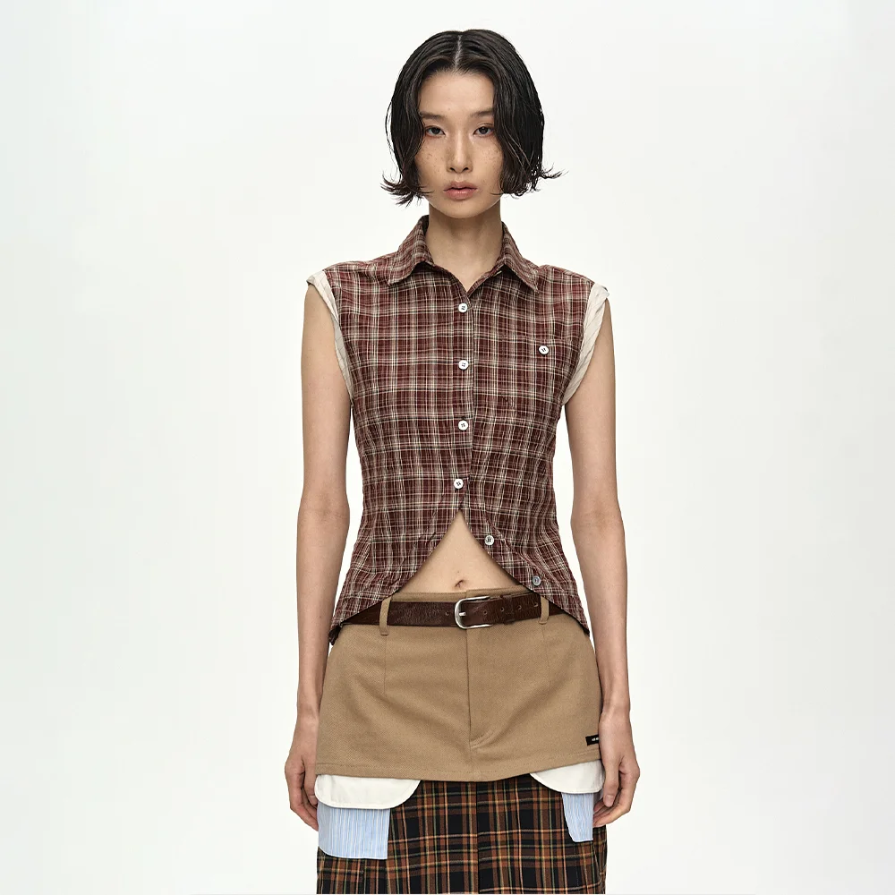 CHECK SLEEVELESS SHIRT atb1569w(BROWN)