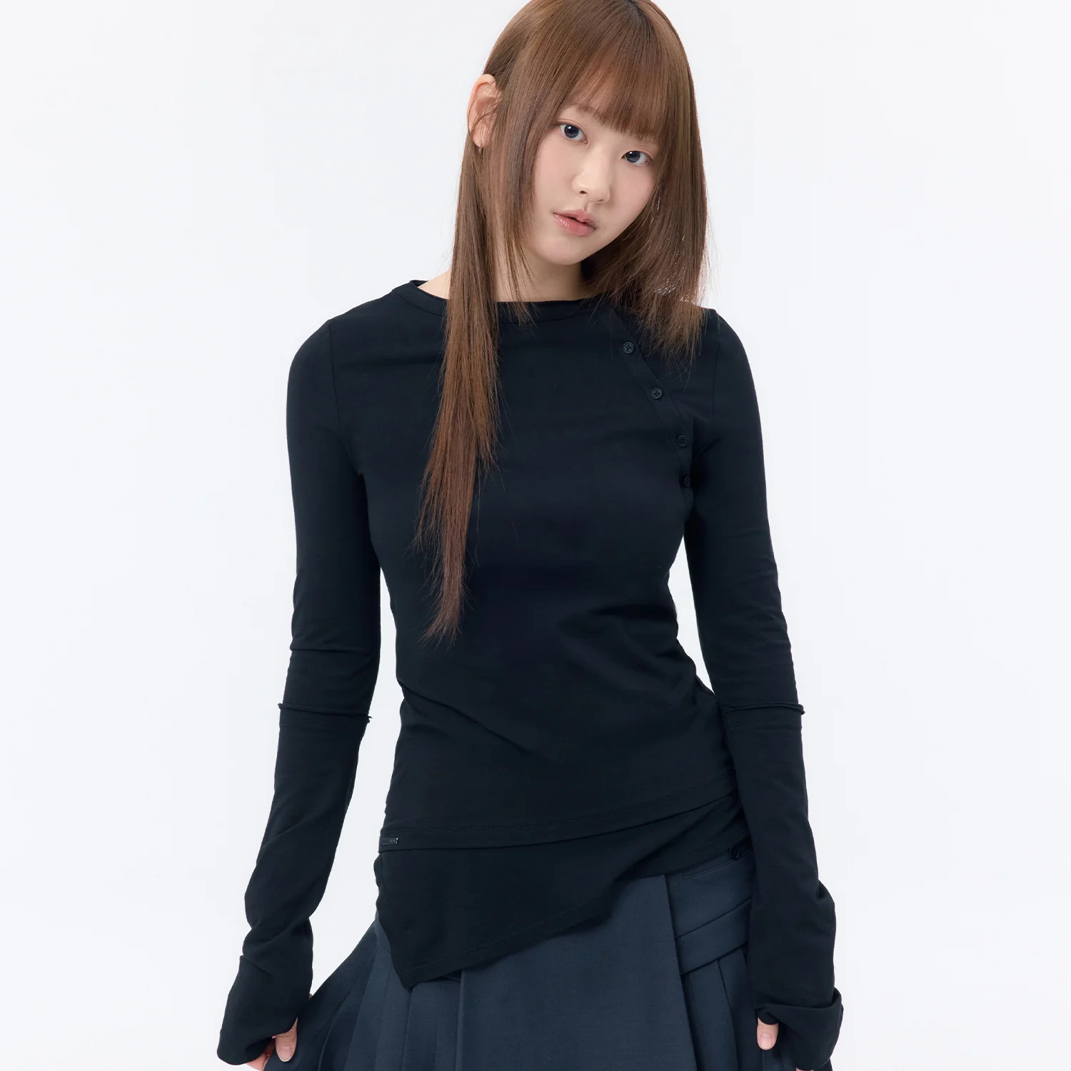 Slash button layered long sleeve BLACK