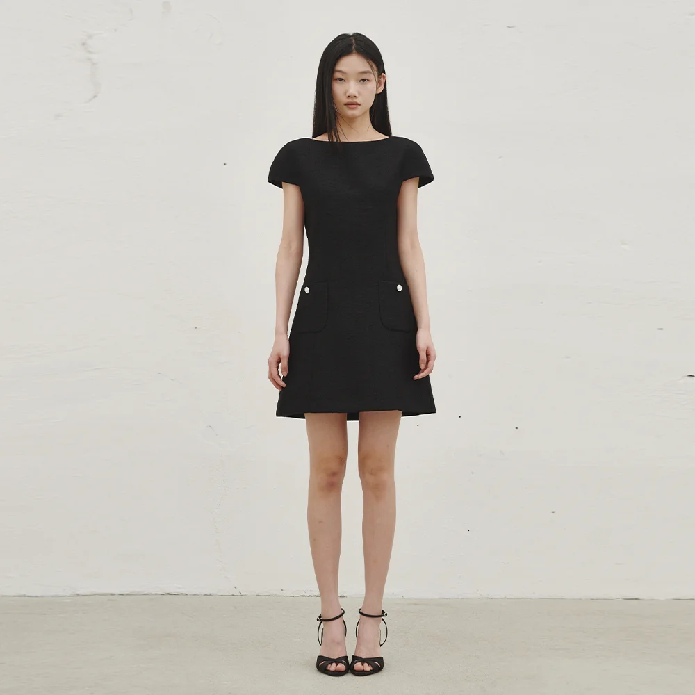 船領 粗花呢 迷你 連身裙 -黑色 / Boat Neck Tweed Mini Dress - Black