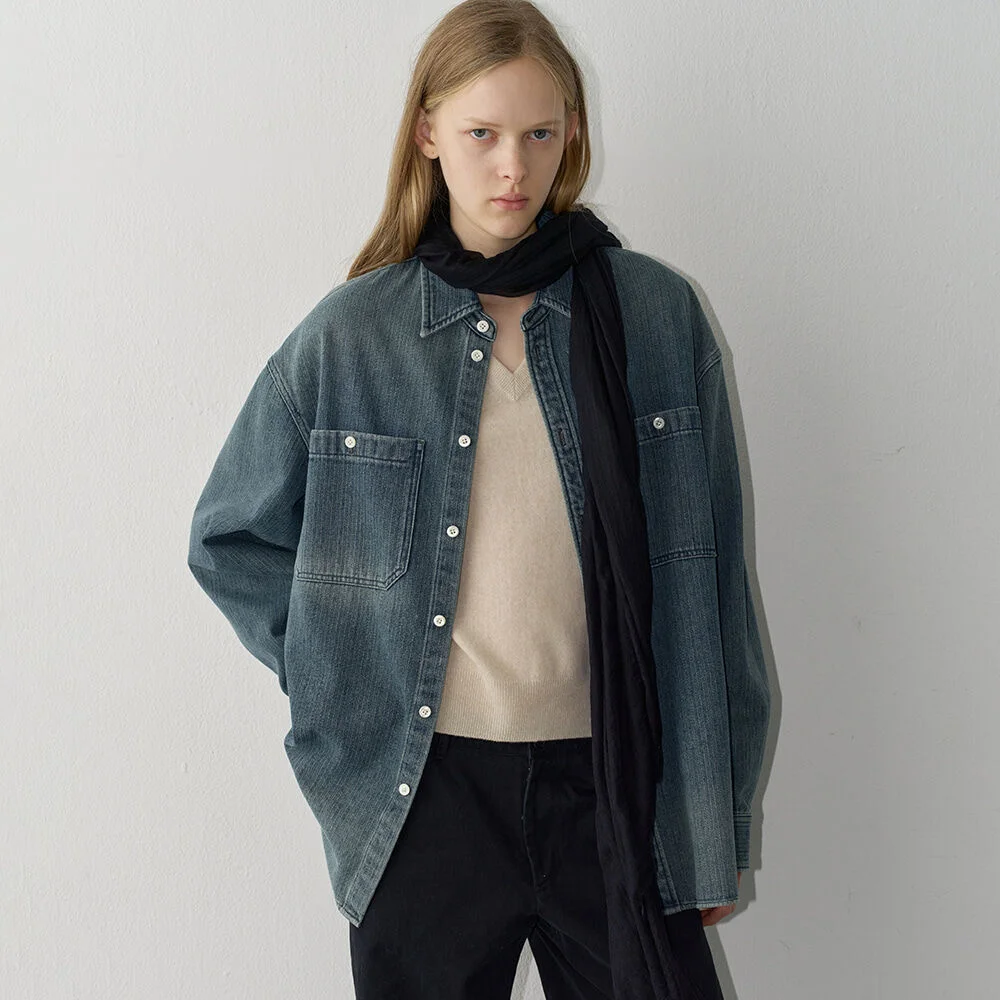 外 口袋 牛仔 襯衫_vintage washing