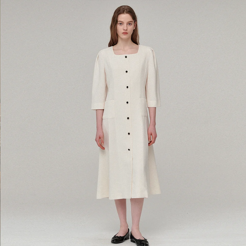 Square neck piping tweed dress - Cream