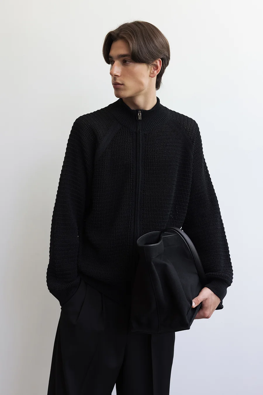 OPEN KNIT ZIP-UP CARDIGAN