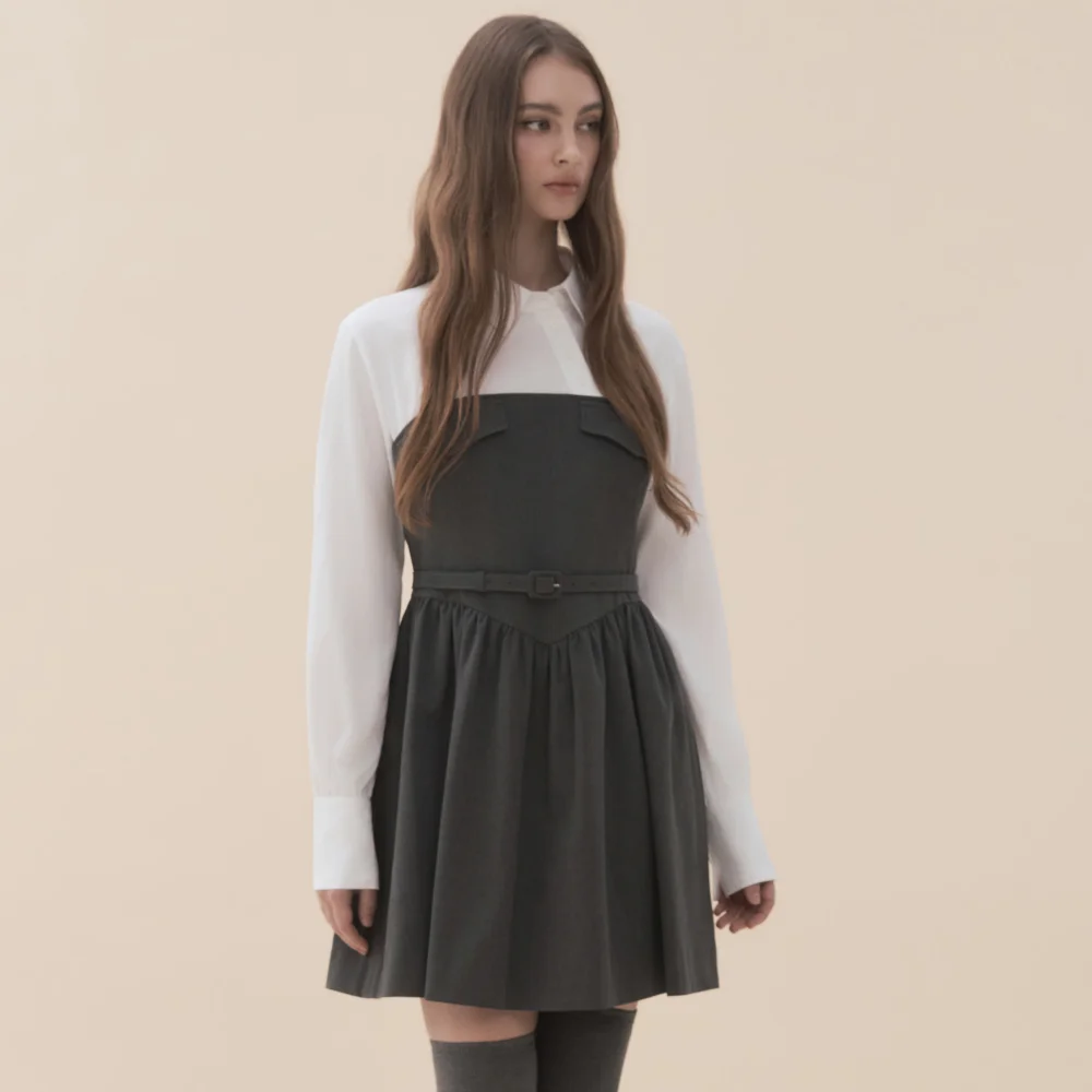 Lena Bustier Layered Shirt Belted Dress - Dark Grey