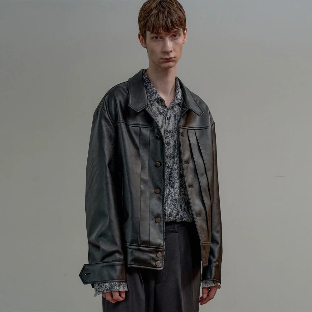 UNISEX PINTUCK SYNTHETIC LEATHER BLOUSON BLACK