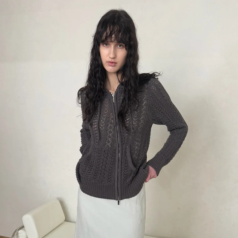 OPENWORK ASYMMETRIC ZIP-UP HOODIE KNIT_CHARCOAL