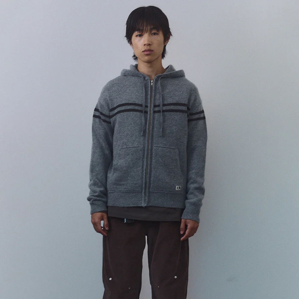 Double Line Knit Hoodie Zip-up Melange Grey