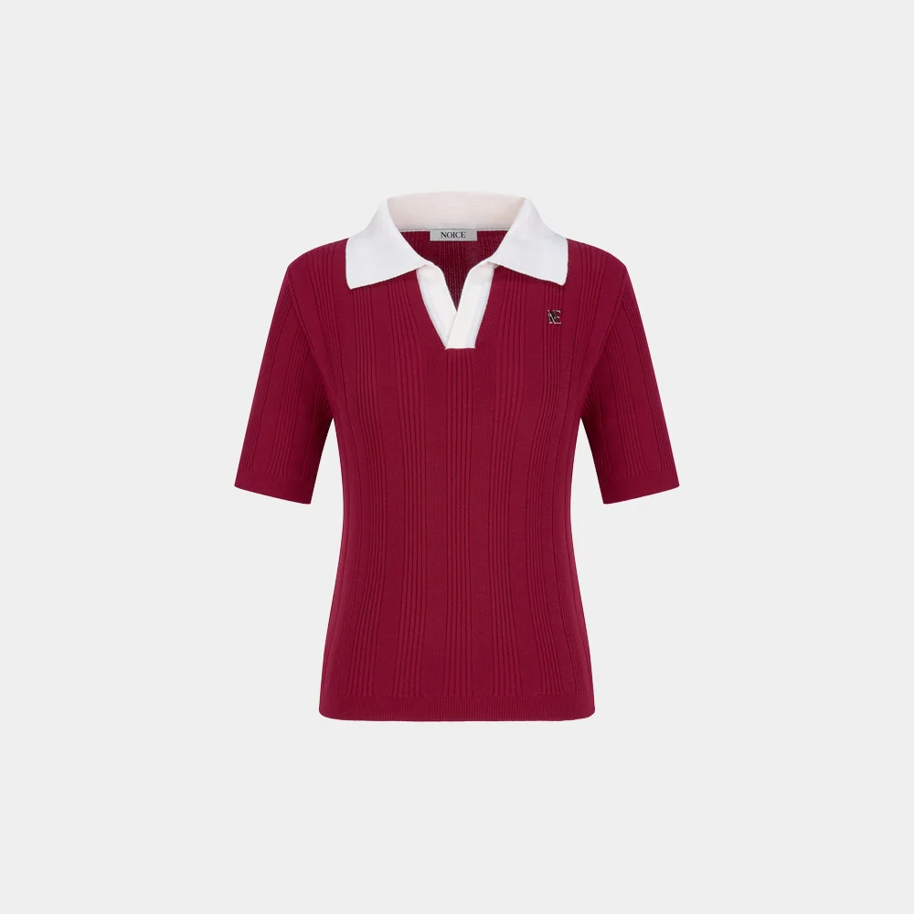 (W) RIBBED KNIT POLO SHIRT - RED