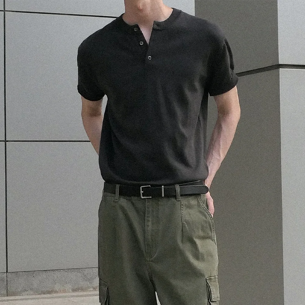 SOLID HENLEY NECK HALF KNIT