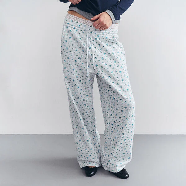 LACE SAGGING FLOWER SWEAT PANTS MELANGE WHITE