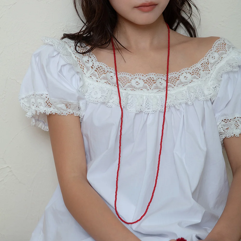 tiny beads long necklace - red