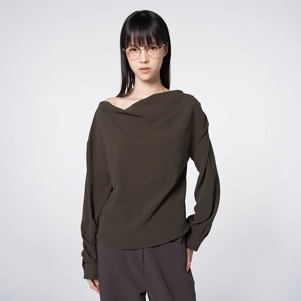 Draped Neck Long Sleeve Blouse Brown