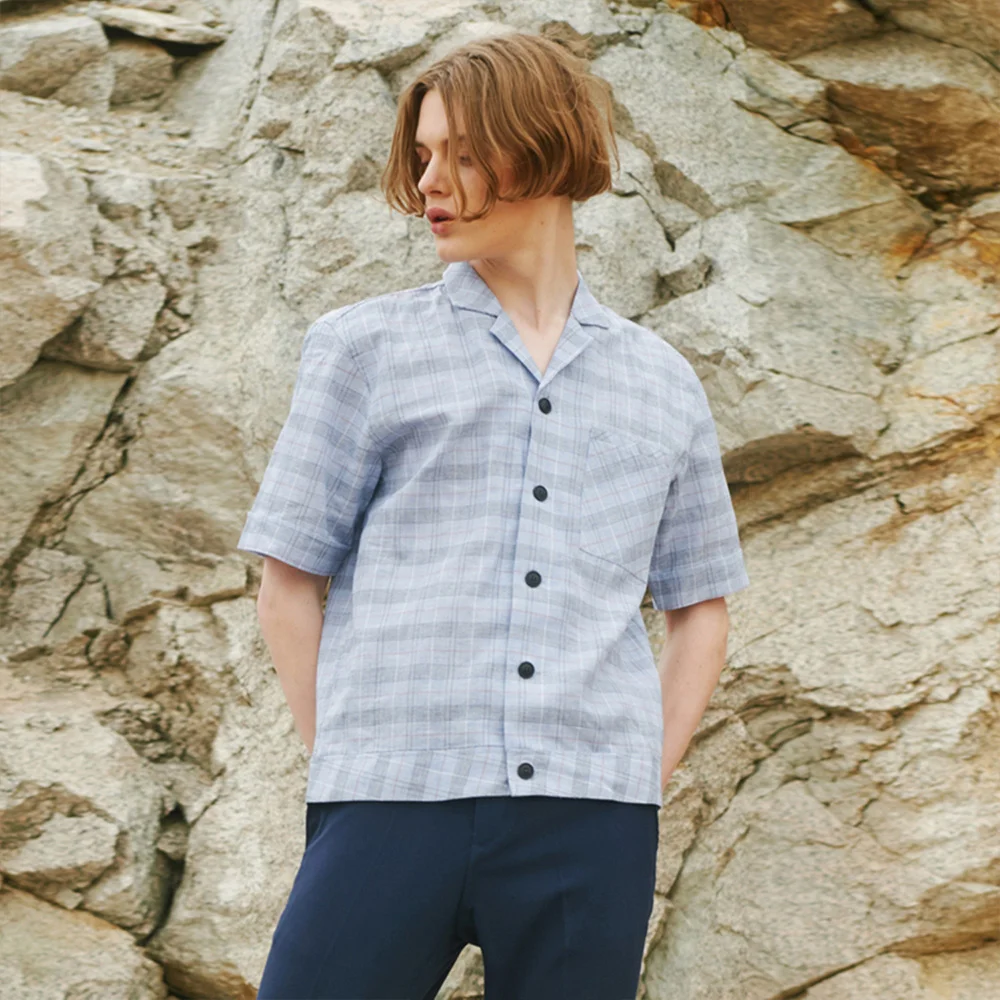 CHECK LINEN WASHING SHIRTS BLUE