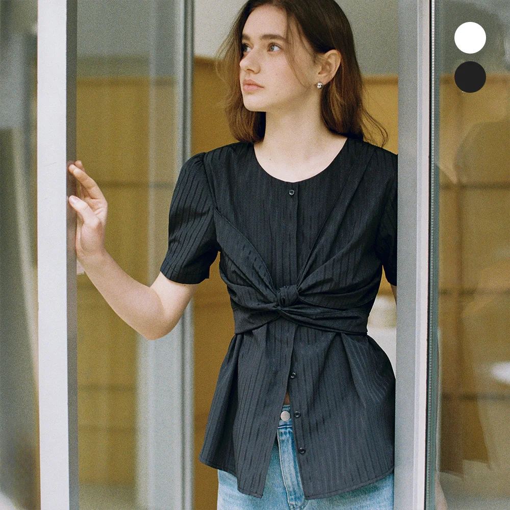 comos 1407 stripe wrap point shirring blouse (black)
