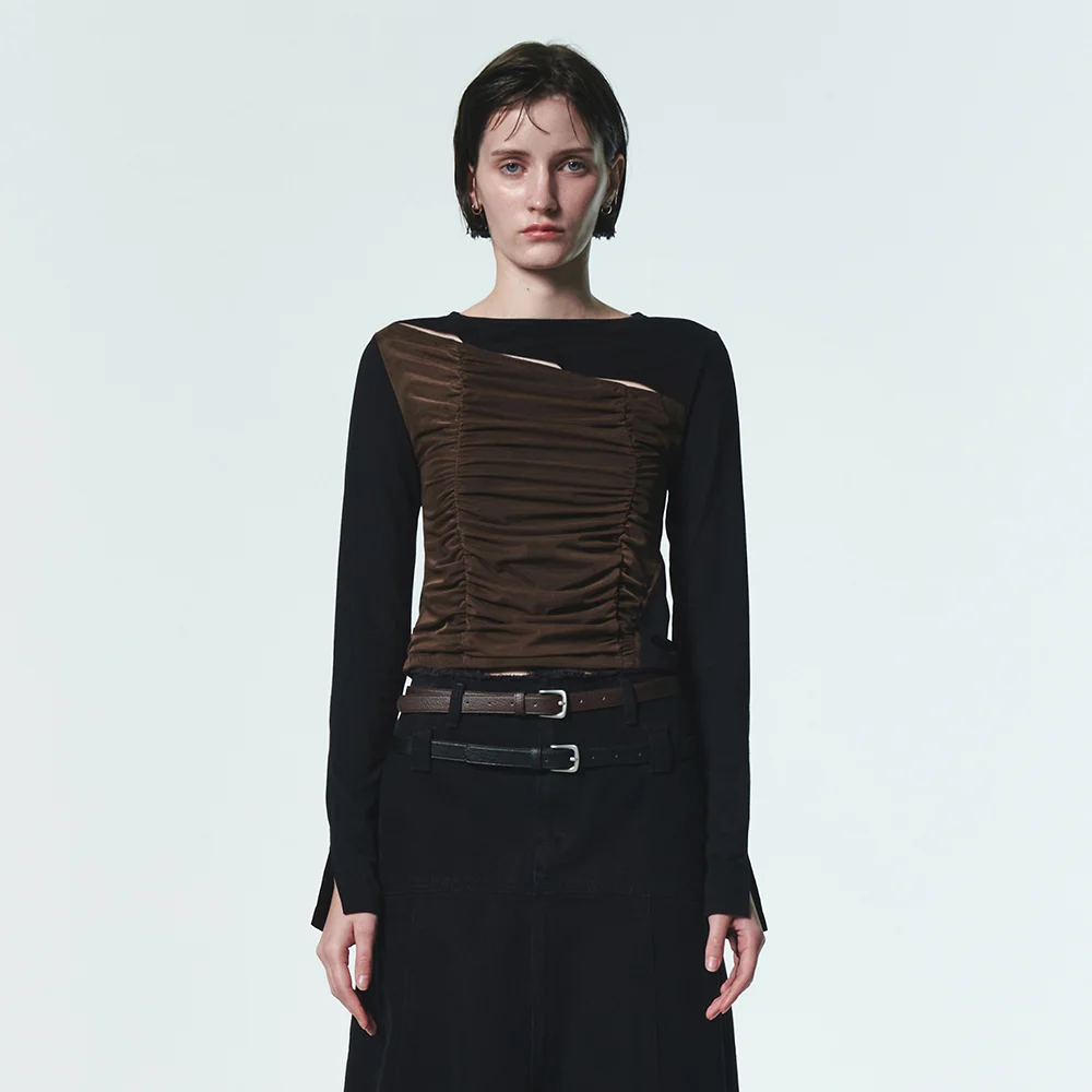 MESH LAYERED SHIRRING TEE