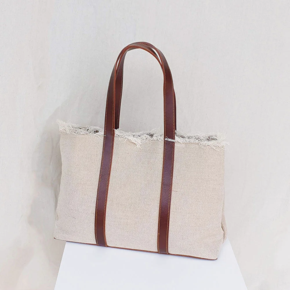 Leather Canvas Shopper Bag / Brown