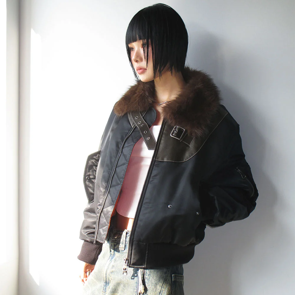 FUR COLLAR LEATHER PATCH MA-1 BOMBER awa736u(BLACK)