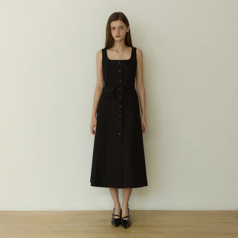 Solid tweed line belt back set long dress - black