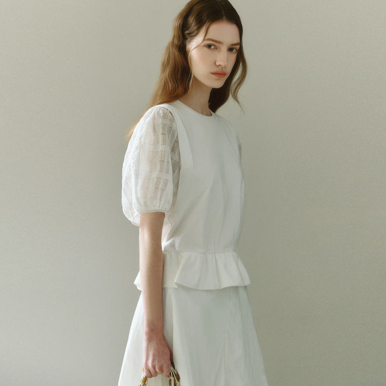 See-through Puff Sleeve Peplum Top OFF WHITE