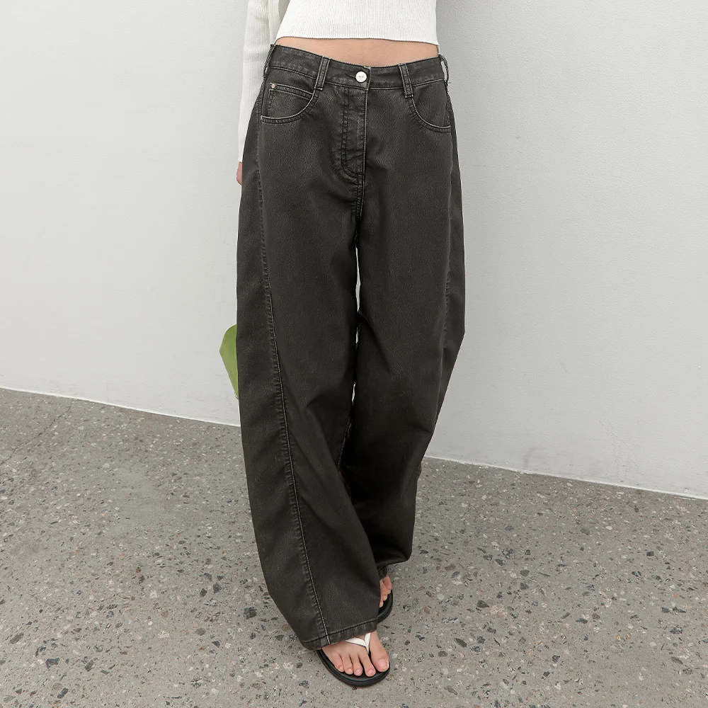 (PT-5821)VINTAGE WASHED LEATHER CURVED PANTS