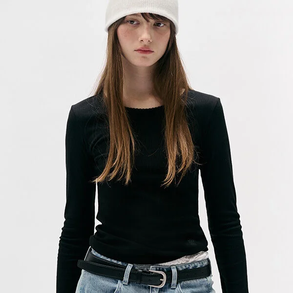 NUBASIC LACE ROUND NECK SLIM T-SHIRT BLACK