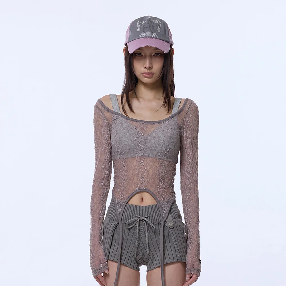 LAYERED LACE STRAP LONG SLEEVE_BROWN