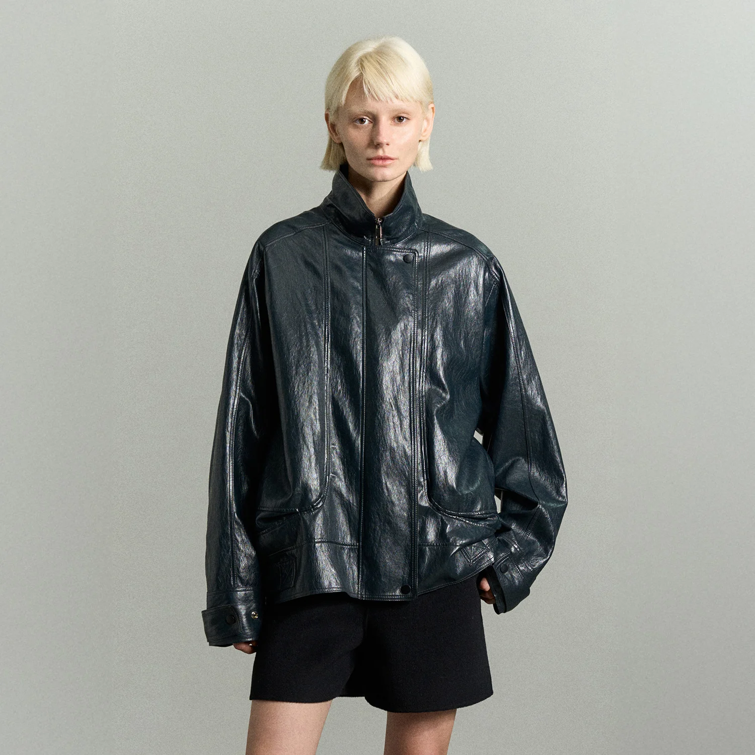 FUNNEL NECK VEGAN LEATHER JACKET MIDNIGHT NAVY
