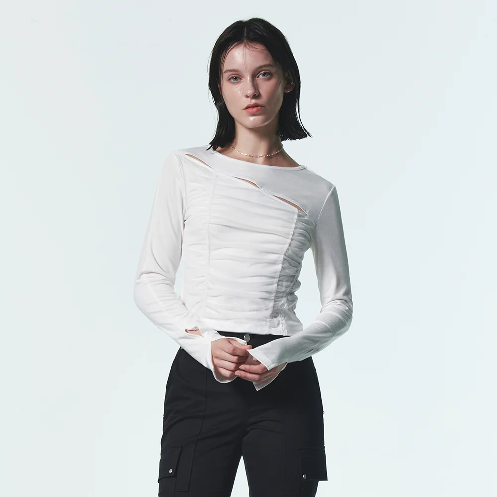 MESH LAYERED SHIRRING TEE