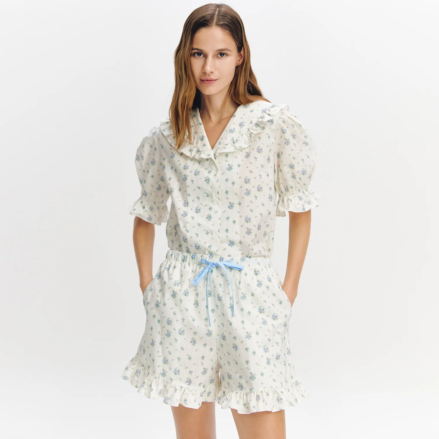 Frilly Flower Pajama Pair BLUE