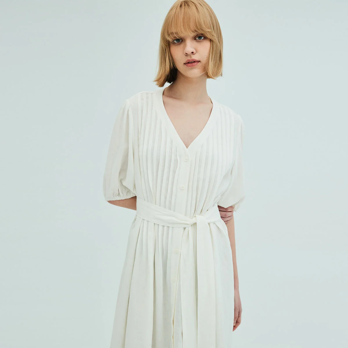 LINEN PLEATED DRESS IVORY