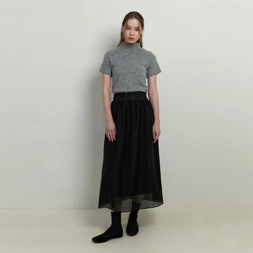 corset ribbon layered long skirt - black