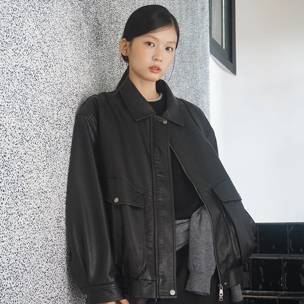 (woman) Refined 口袋 皮革 短身外套_Black