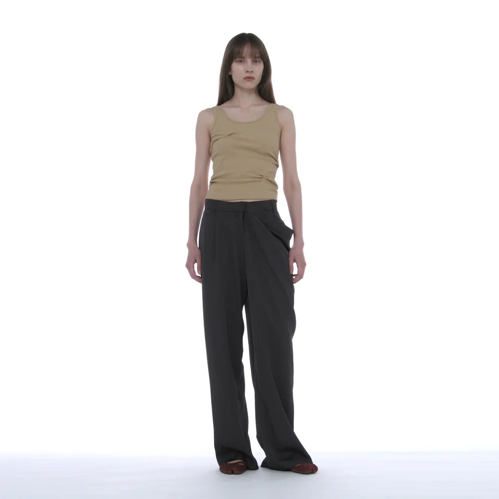 UNBALANCED DRAPE WAIST PANTS_CHARCOAL
