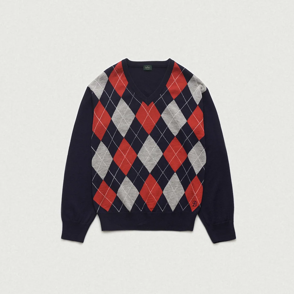 Stewart Argyle V-Neck Knit Sweater_3Color