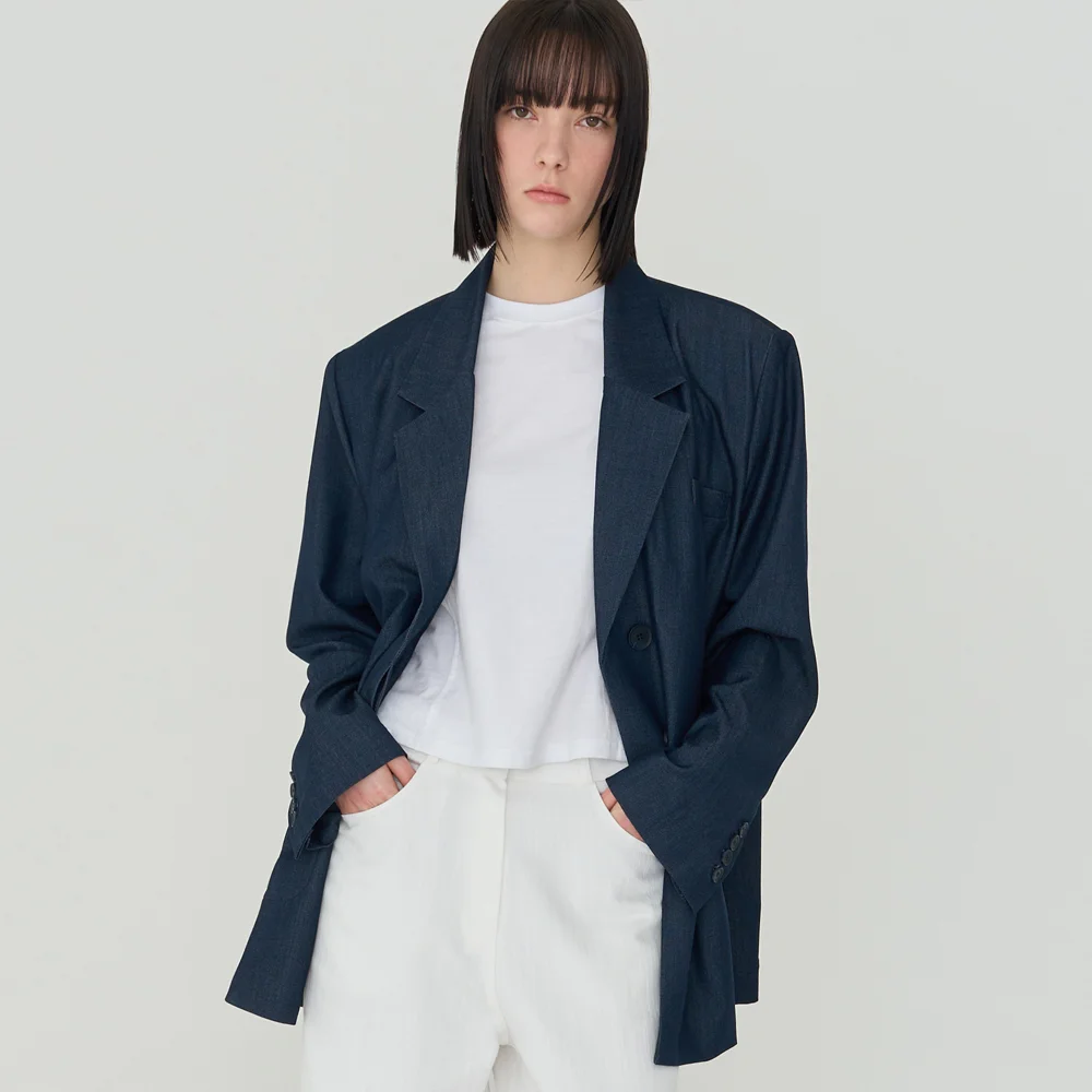 Oversized fit Unbalanced Single Jacket (Navy)
