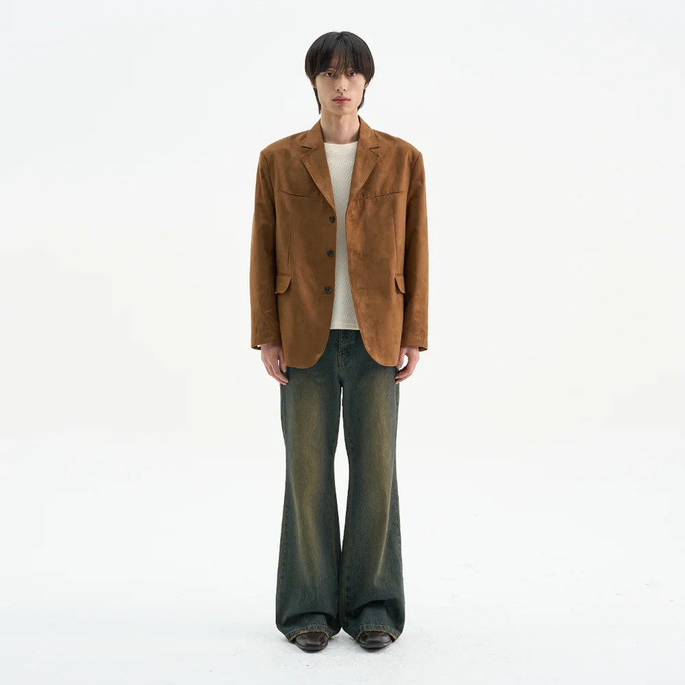 隱藏 雙口袋 麂皮 3b 西裝外套_駝色