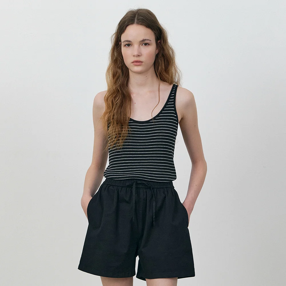 Linen tencel blend stripe knit sleeveless_Black