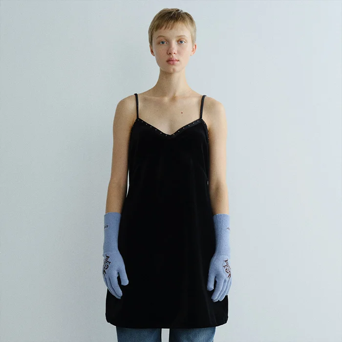 VELVET STUD MINI DRESS - BLACK