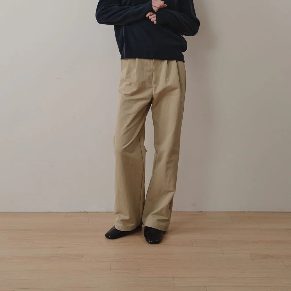 Double Pleat Cotton Pants (Beige)