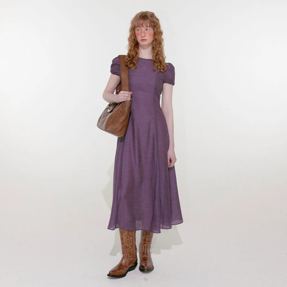 Sheer Puff Long Dress (Purple)