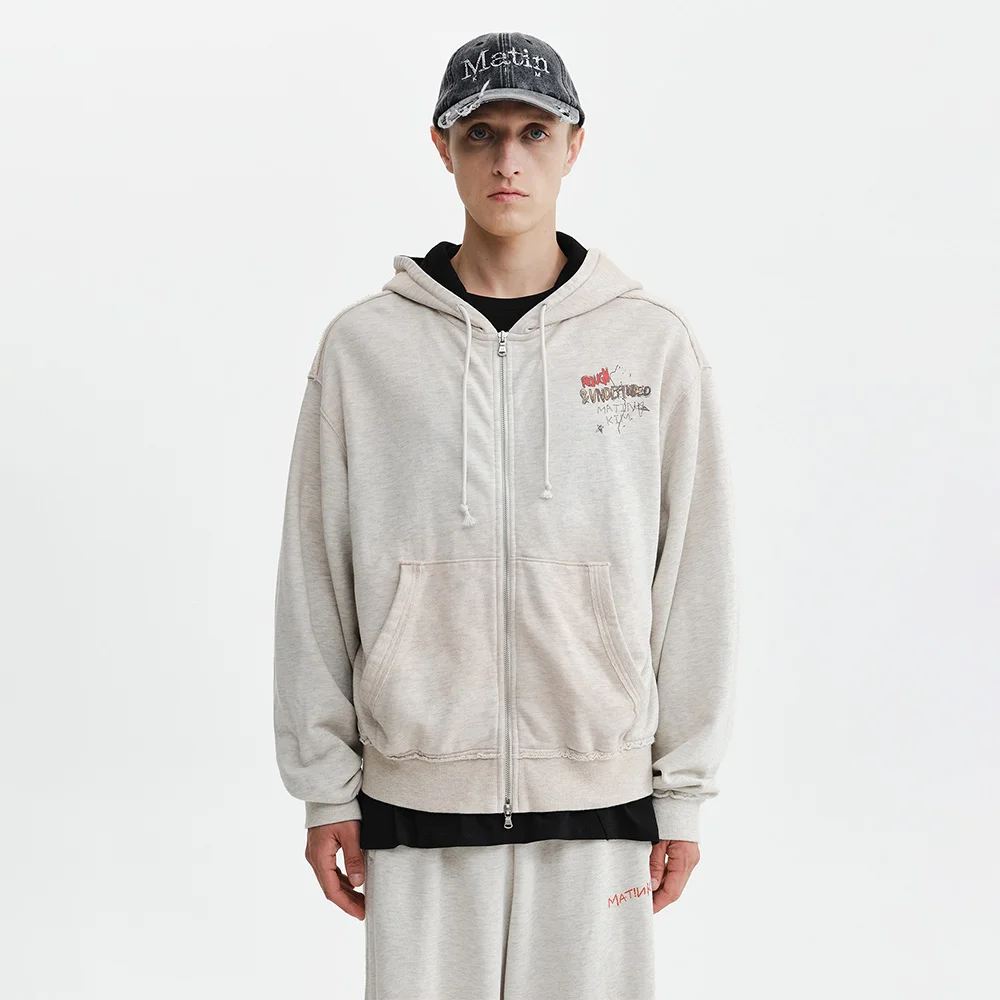 VINTAGE WASHED COLOR CONTRAST HOODY ZIP UP IN LIGHT BEIGE