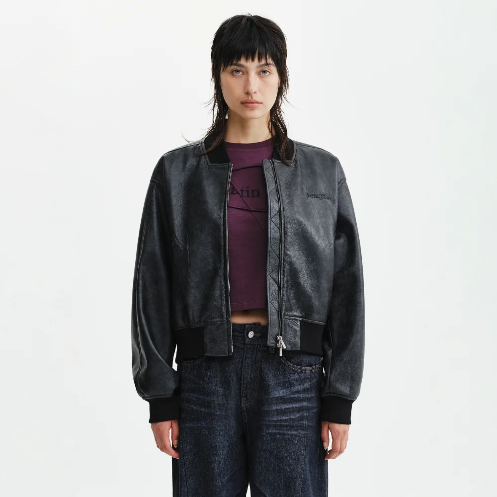 FAUX LEATHER RIB COLLAR BLOUSON FOR WOMEN IN BLACK
