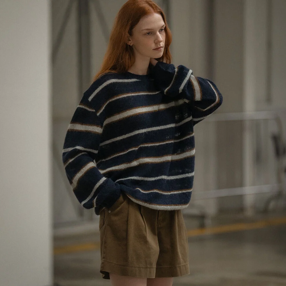 Hairy stripe loose-fit knit _Navy