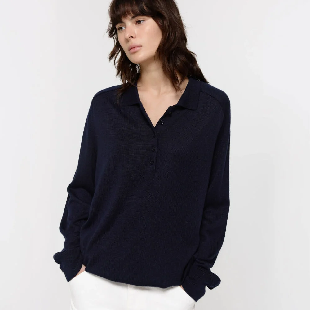 WOOL SILK POLO KNIT / NAVY