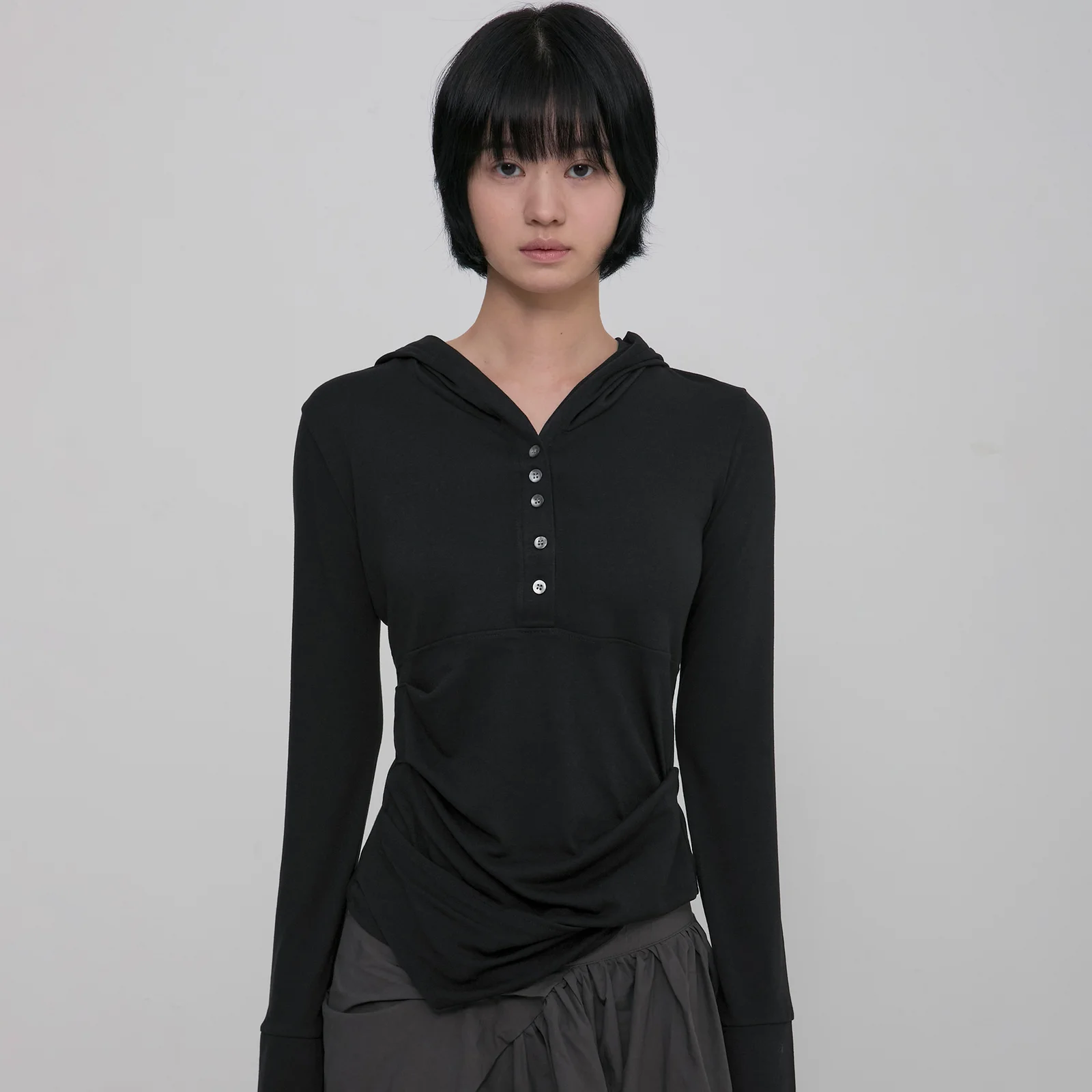 Asymmetrical Draped Hoodie (FL-187_Black)