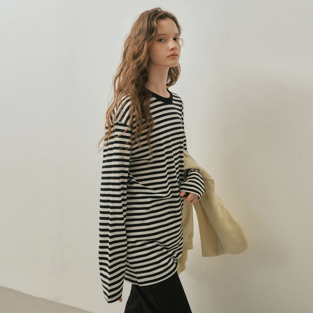 W/Pure Cotton Stripe Long Sleeve_BLACK(W25-TP37)