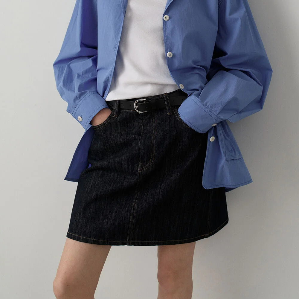 經典 牛仔 迷你 半身裙_textured indigo